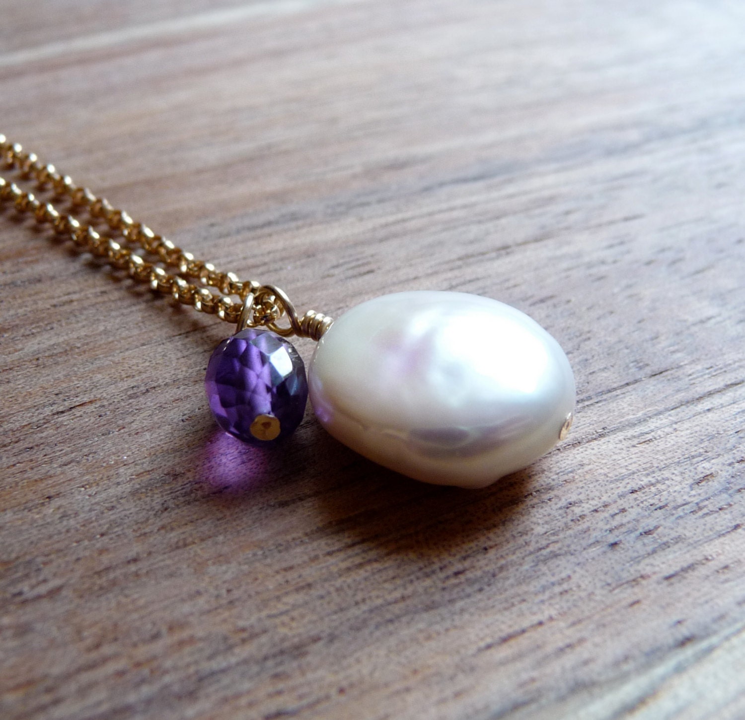 Pearl Necklace, Amethyst Necklace, Purple Amethyst Gemstone, Coin Pearl, February Birthstone, Minimal Jewelry, Gold Filled Chain Necklace - karinagracejewelry