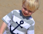 NAUTICAL Boys Anchor Shirt in Navy on Striped Shirt Sizes 12m-5T Matching Sibling Set Available