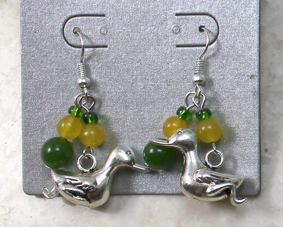 Oregon Ducks Earrings with Green and Yellow Stones and Duck Charms U of O