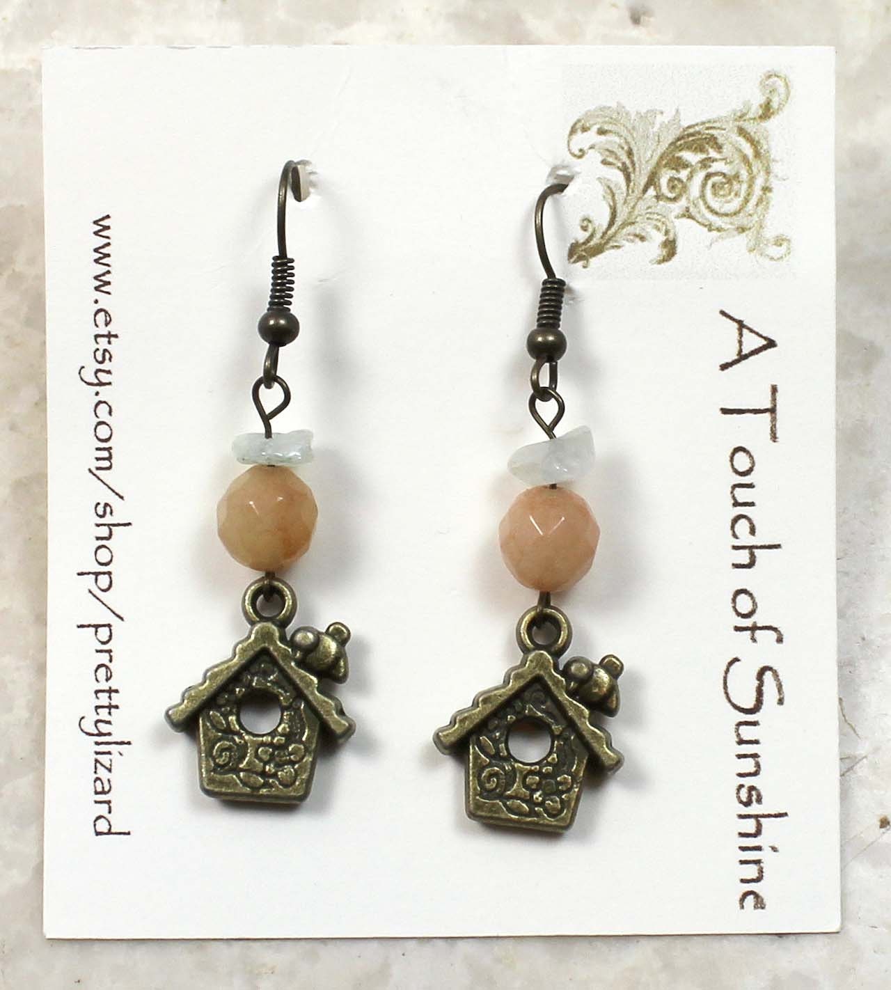 Bird House Earrings with Yellow Jade and Aquamarine in Antiqued Brass