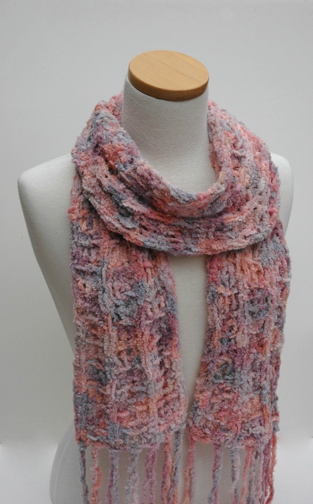 Cotton Chenille Scarf- Hand Knit-Pink/Peach/ Mauve/ Gray
