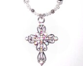 Wedding Bouquet Memorial Photo Oval Metal Charm Holy Cross Silver Iridescent Crystal Gems Pearls Tibetan Beads - Free SHIPPING