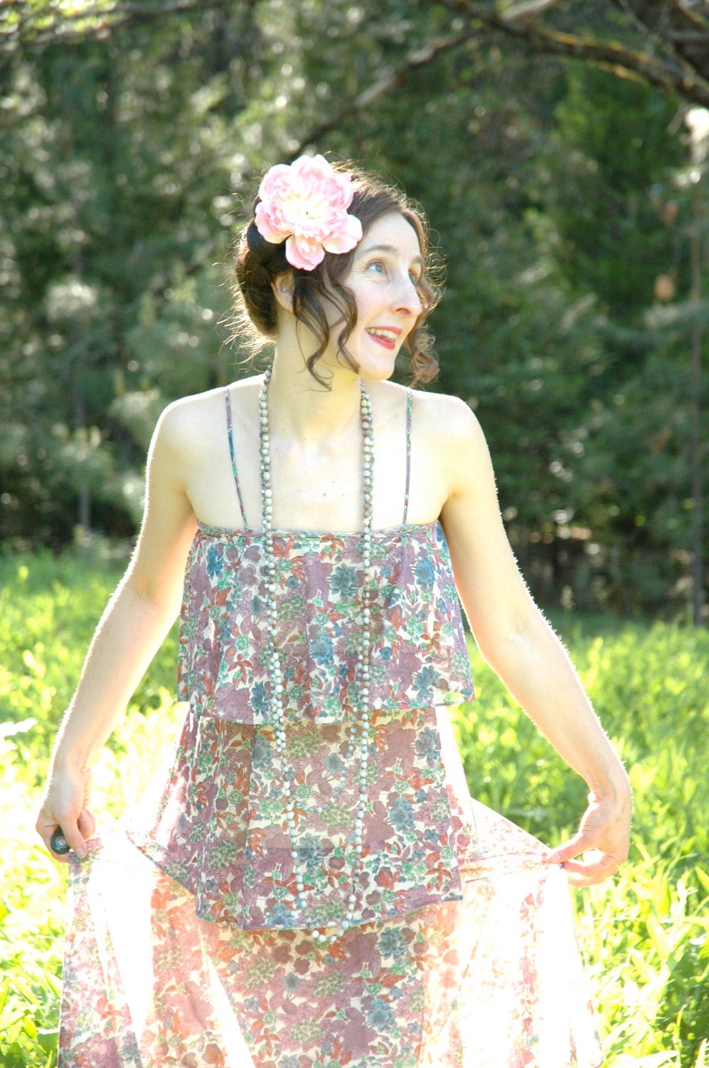 70s Does 20s Dress.... Semi Sheer Tiered Floral... Romantic Fairy Midsummer's Night Dream... DANCE with the FLOWERS (xs)