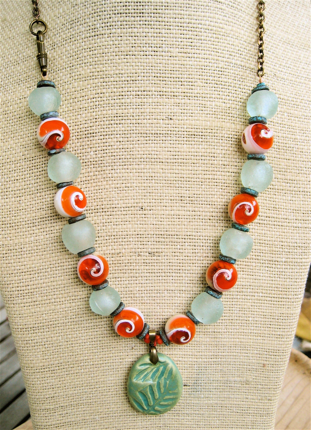 Aqua Recycled Glass and Shell Necklace with Handmade Ceramic Fern Pendant Soft Green and Orange Rustic Jewelry