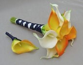 Wedding Flower Package Real Touch Calla Lily Bridesmaid Bouquet Groomsman Boutonniere Flame Orange White Navy  Choose Your Wedding Colors