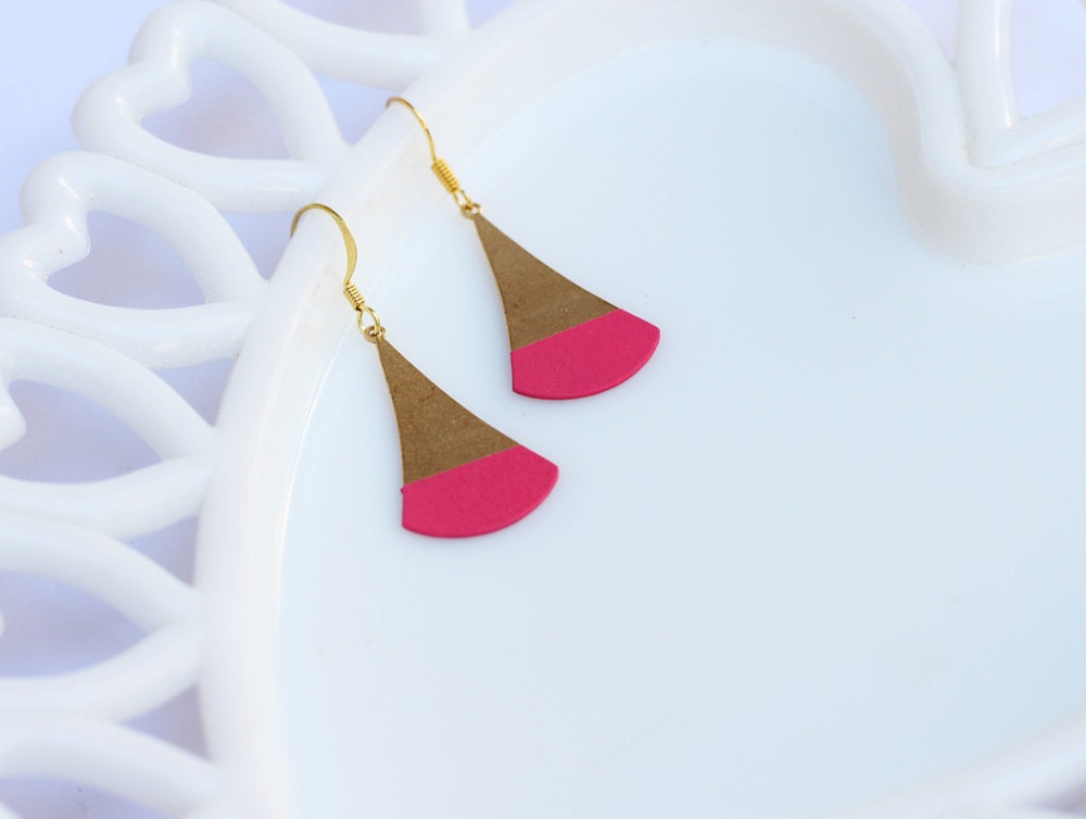 Fuchsia Color Dipped Flat Brass Dangle Earrings