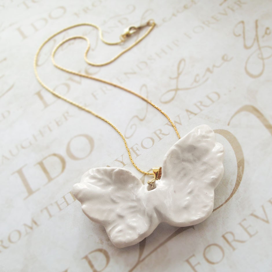 Porcelain Feather Wings Necklace Natural Bride JEWELRY Handmade Ceramic Pendant and Gold Chain Necklace gift minimalist