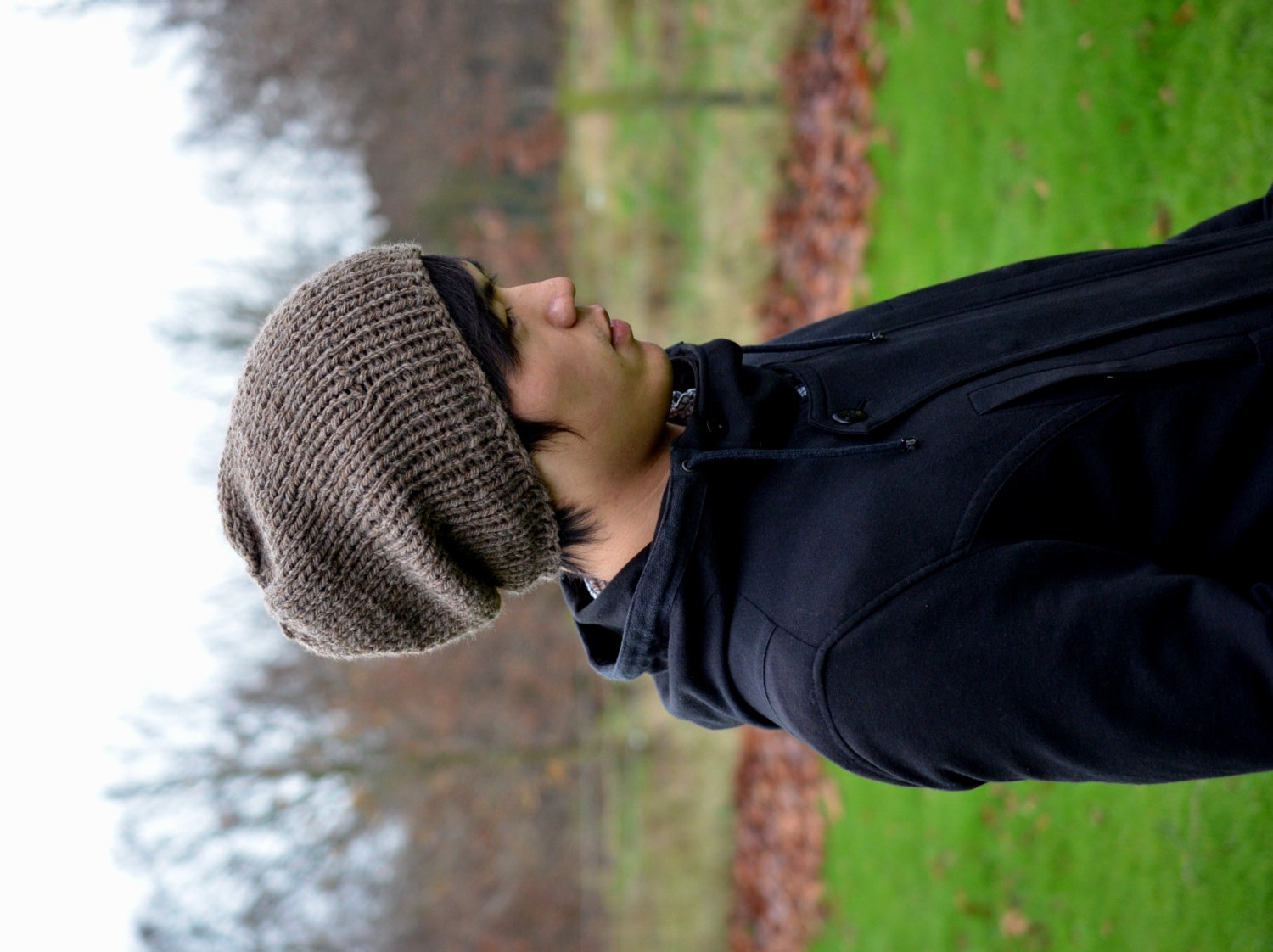 Men's Hat Hand Knit Slouchy Beanie Brown