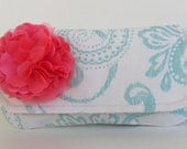 Bridesmaid gift idea clutch, teal wedding, guava beach wedding, unique bridesmaids gift, fabric flower pin