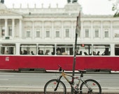 European bike photography, Red Tram, Euro summer, red, black, white, bicycle print, 11x14 photo - Raceytay