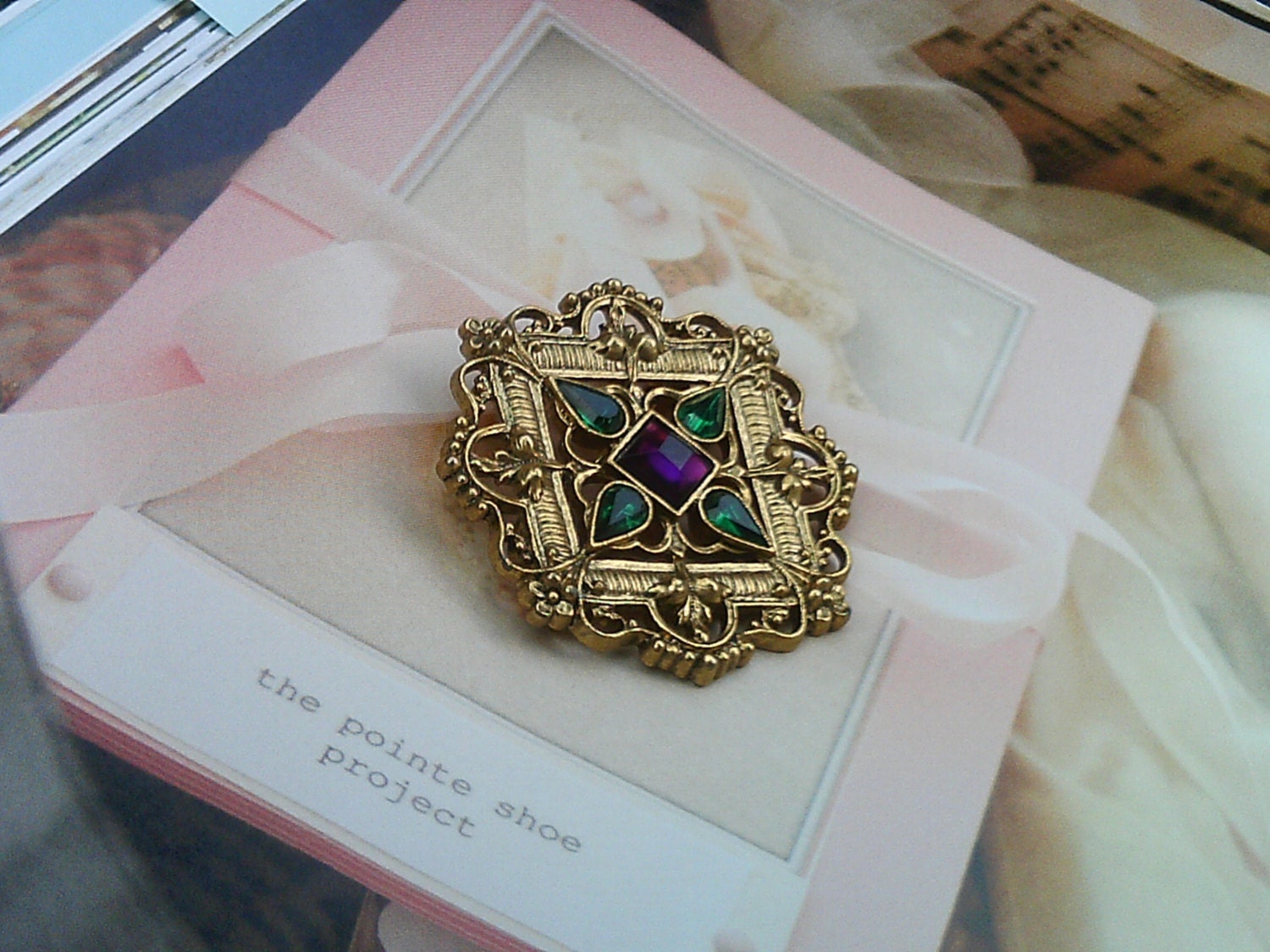 Goldtone Vintage Pin, Ornate, Antique Gold Square Brooch, Rhinestones, Purple, Green, Filgree, Accessories, Fashion, Women