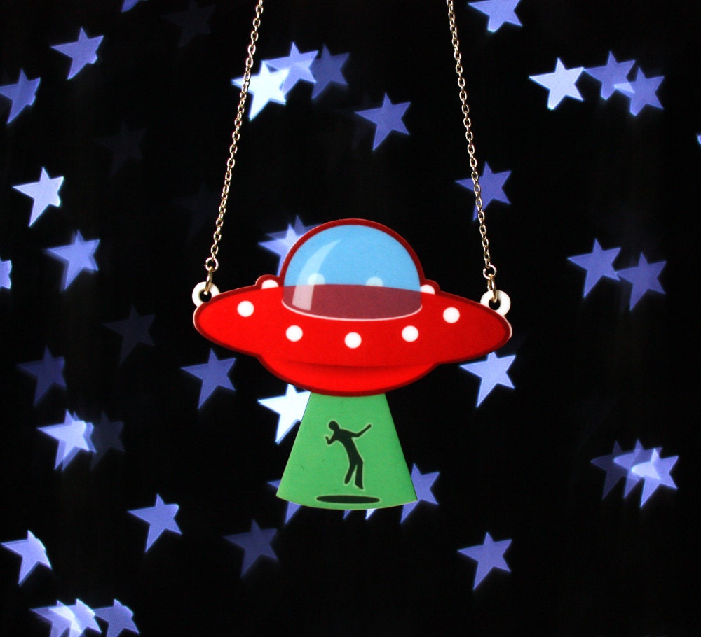 UFO Alien Abduction Necklace, Silver Plated Chain, Tattoo Style
