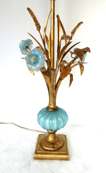 Mid Century Modern Murano Lamp, Aqua Glass Flowers and Body, Gilded Gold Leaves, Italy