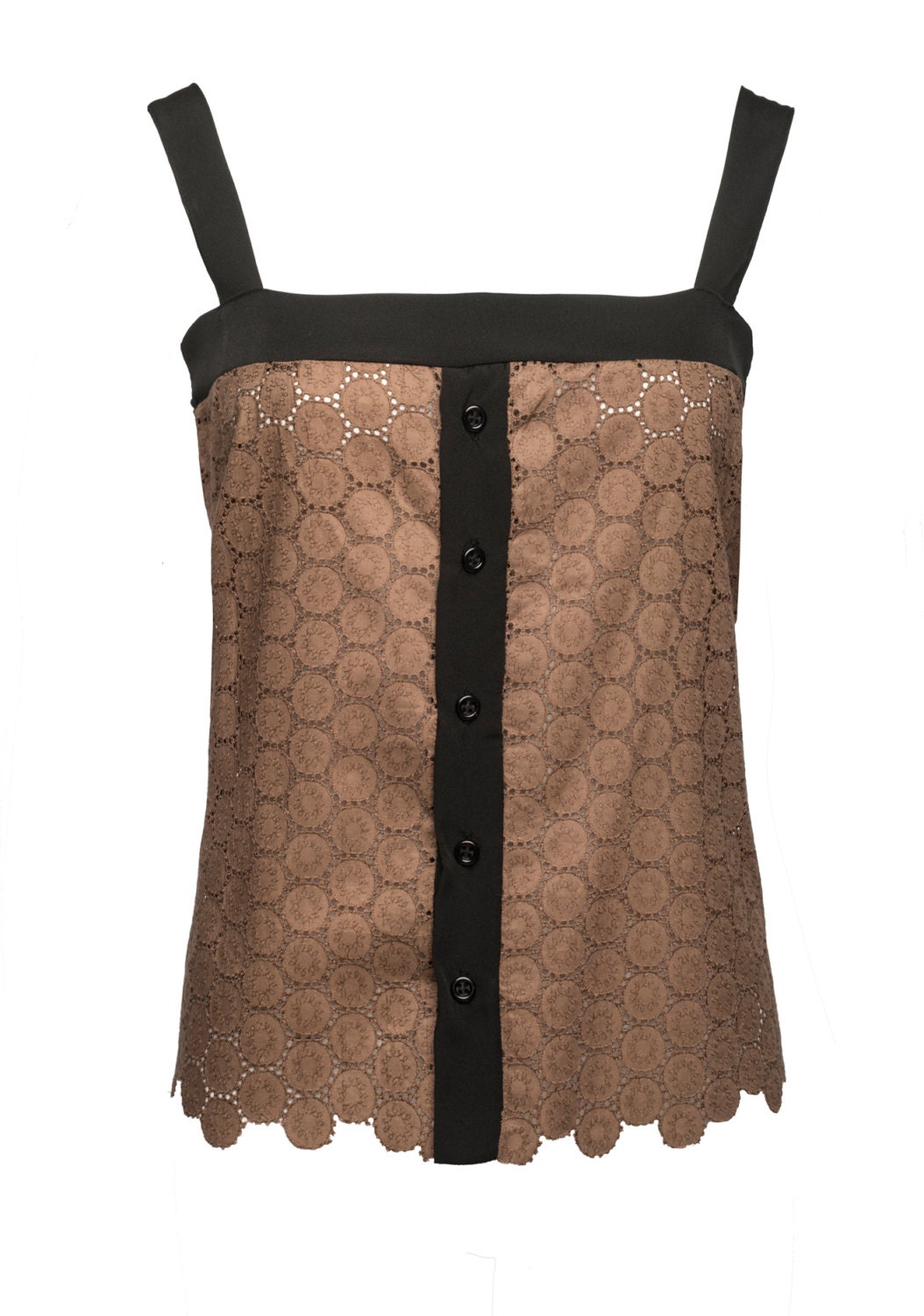 sleeveless lace blouse.brown tank top. brown lace top. vest top. button down tankt. button up shirt