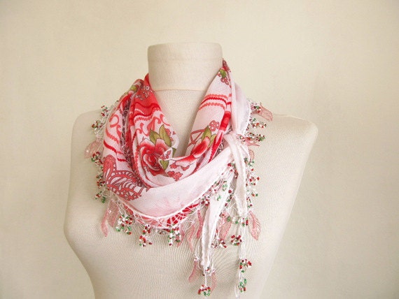white scarf Traditional Turkish Oya scarf loop scarf handmade scarf woman scarf party scarf free scarf