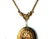 Green Brass LOCKET NECKLACE Hand Cast Resin Floral Cabochon Three Strand Brass Chain Hand Made N0242 by LooLoo's Box Handcrafted Jewelry