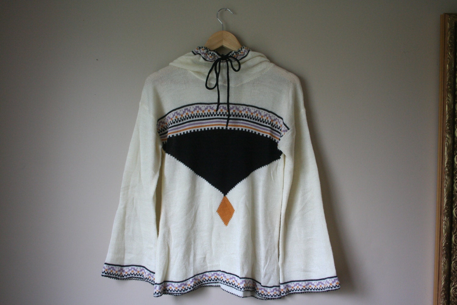 Bell Sleeve Hood Sweater / Thin Knit / Southwest Hipster Top / Vintage Drawstring Hoodie / 1970s Cream Sweater / Size Small-Medium Sweater