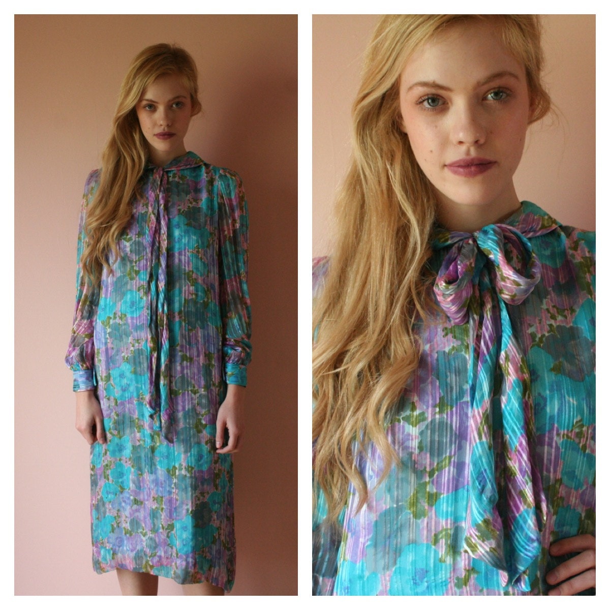 Silk Dress / Pussy Bow Secretary Dress / Sheer Watercolor Florals Ribbon Dress / 60s Modern Shift Dress / Size Medium med md 4-6