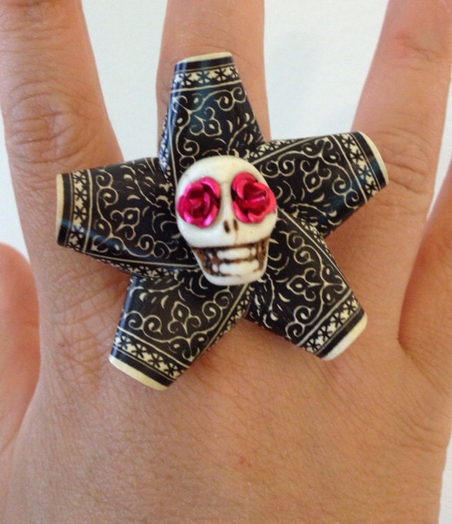 Dia De Los Muertos Flower and Skull Cocktail Ring
