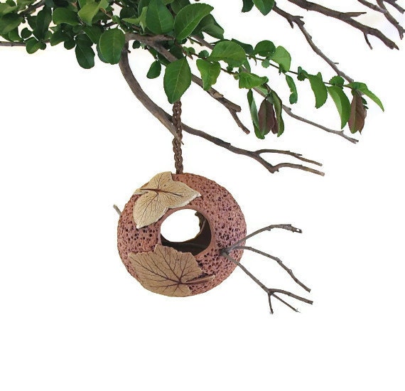 Hanging Clay Bird Feeder or Planter - Medium Size 2-Sided - Using Real Leaves - Stick perch