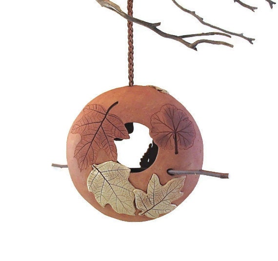 Large Hanging Clay Bird Feeder or Planter - 2-Sided - Using Real Leaves - Removable Stick Perch