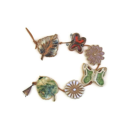 Spring-Theme Clay Wall Hanging (6) - Made with Real Leaves - Glass Infused Butterflies - Flowers