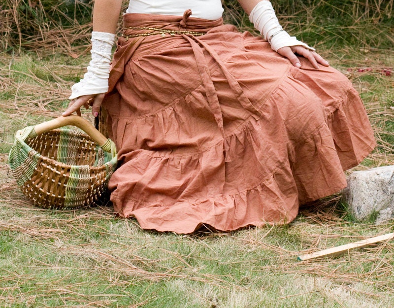 LONG HEMP SKIRT -  Wrap around Ruffle - Hippie Boho Eco Organic Woodland Shabby Cottage chic - Champagne orange - Long length