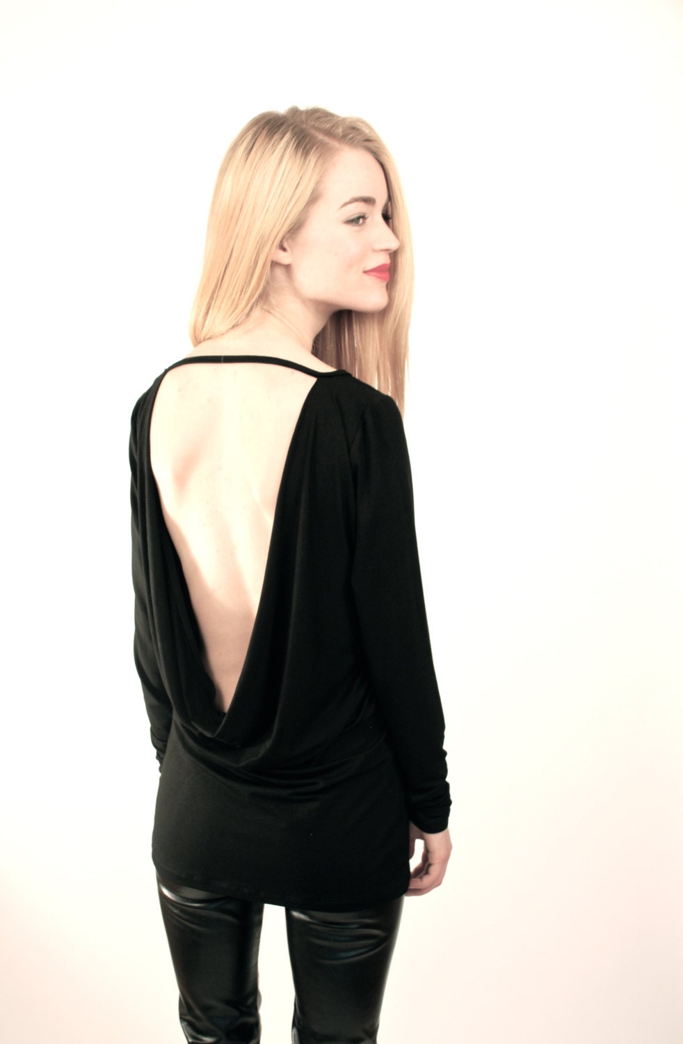 Black Blouse Cowl Back Tunic  - Free US Shipping - Donation to Unicef - Item MM-TU13-5B4