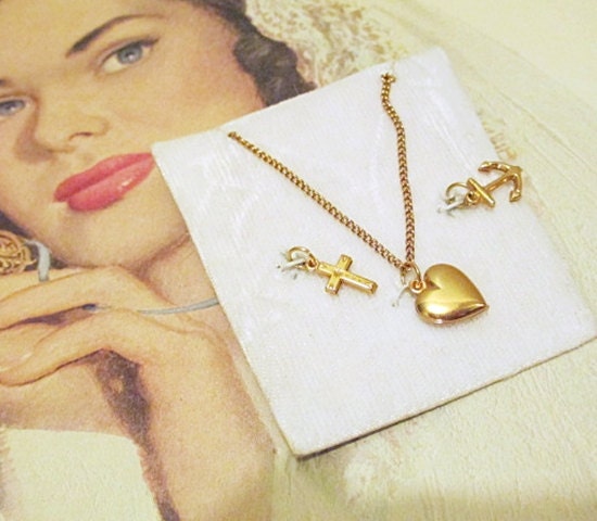 1950s Vintage Necklace Heart Cross Anchor Faith Hope and Charity Jewelry Gold Tone Never Worn on Card 16" Chain Wedding