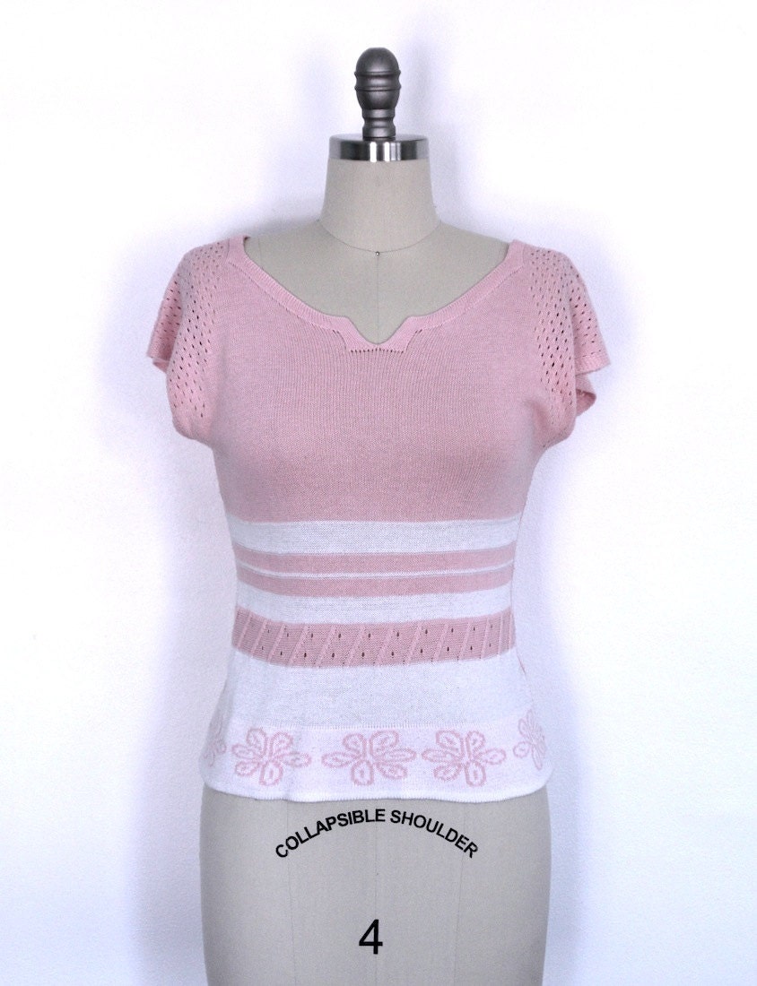 Vintage Knit Top / Pink Sweater / Soft Color / Short Sleeves Summer / Size Extra Small XS S 0 2