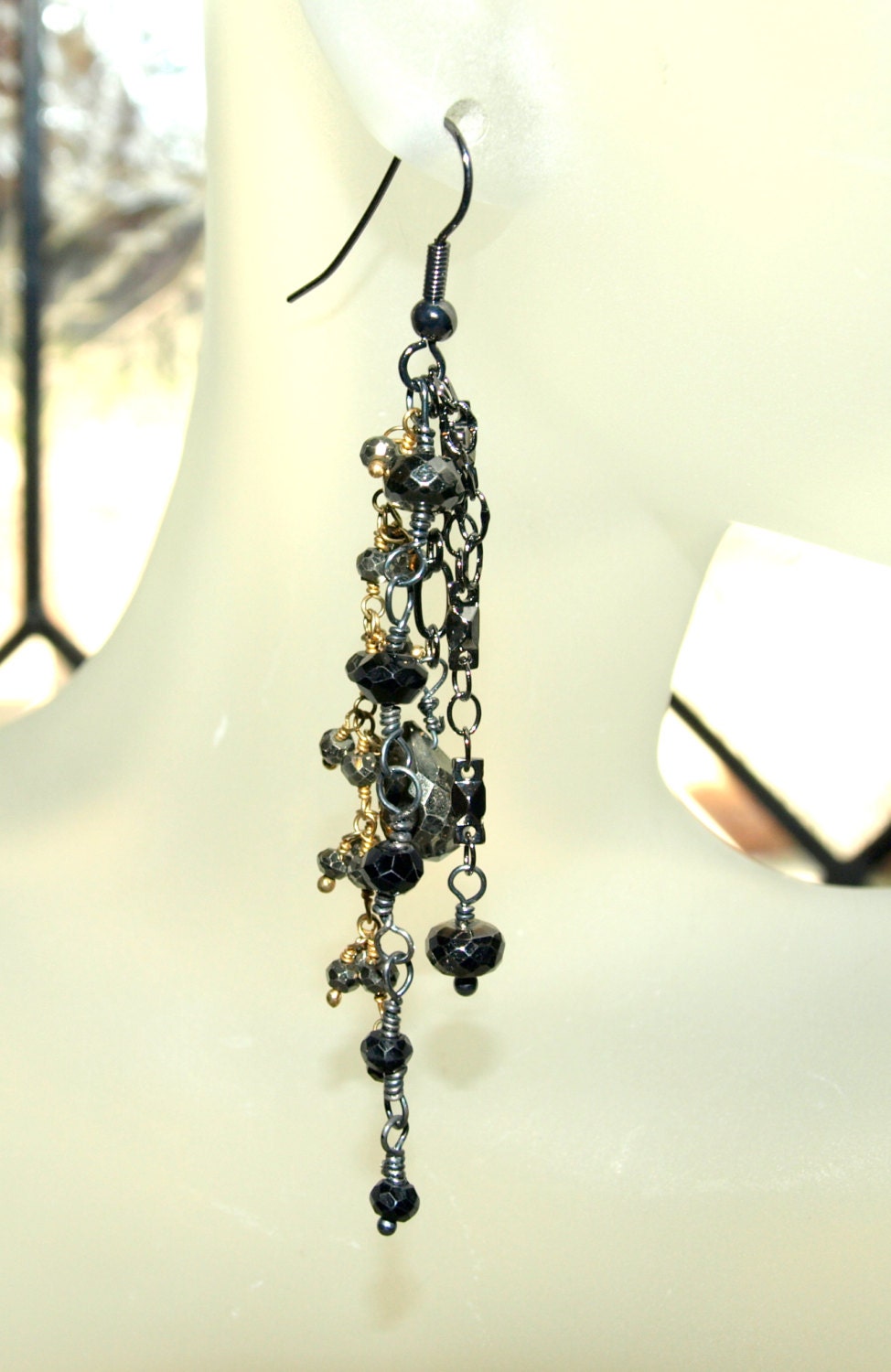 OOAK Dark Romantic Collection Sparkly Black Earrings Pyrite Chains Wire Wrapped Pyrite  Black Spinel Jewelry Oxidized Sterling Gold TBE119
