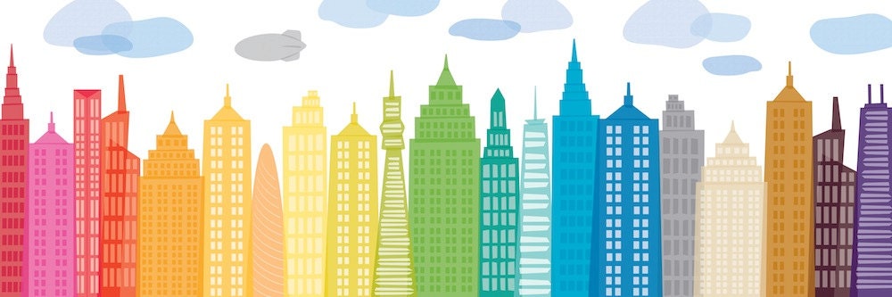 Bright Rainbow Urban Cityscape Modern Buildings Oblong 36 x 12 Giclee Print Home Decor Kids Nursery Office Art