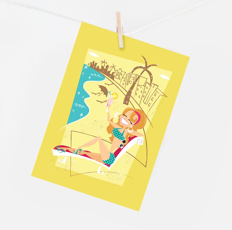 Set of 4 - Travel Girl Mini Note Cards - Rome Miami New York and Paris