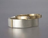 Gold and Silver Wedding Set with Tiny Diamond - Women's 2mm wide gold band & 6mm Wide Mens Mixed Metals Band - Part of You