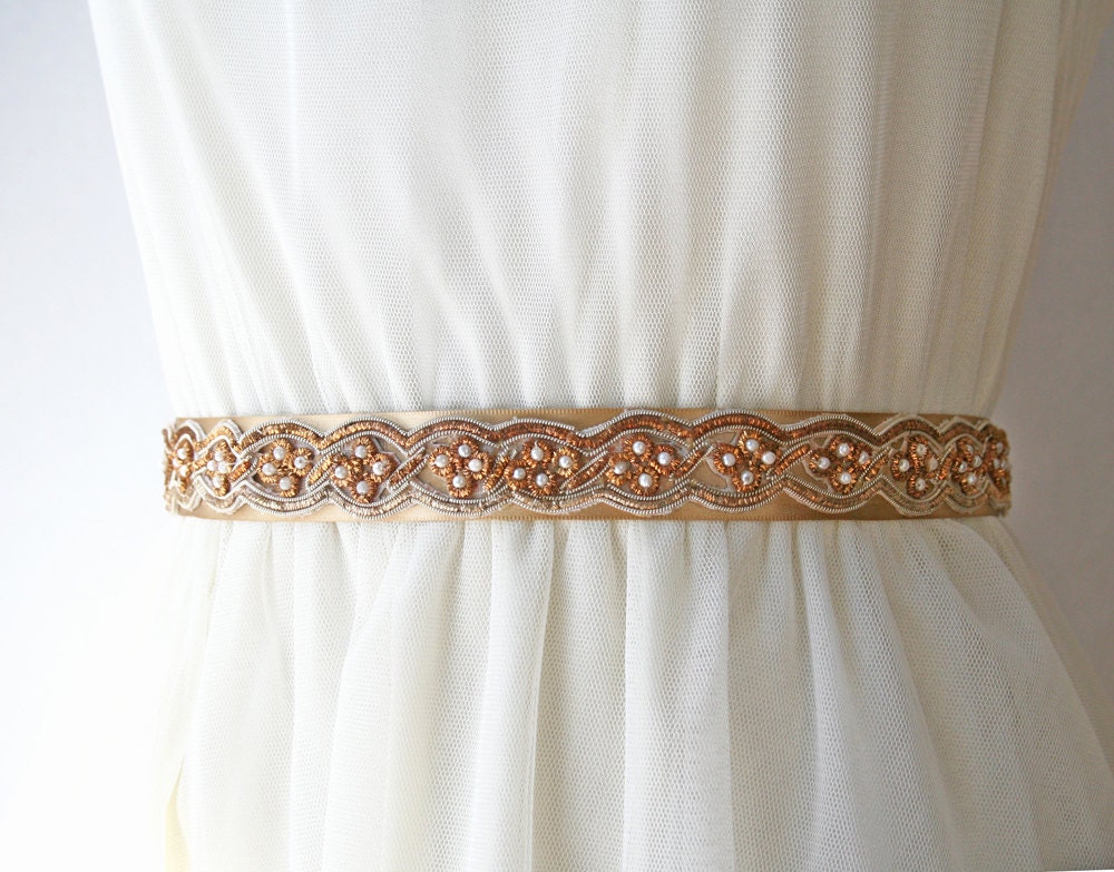 Gold Sash, Antique Gold Weave, Wedding Belt, Bridal Sash