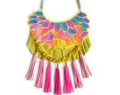 Neon Galaxy Statement Necklace Nebula Geometric Hexagon Fringe Leather Statement Jewelry