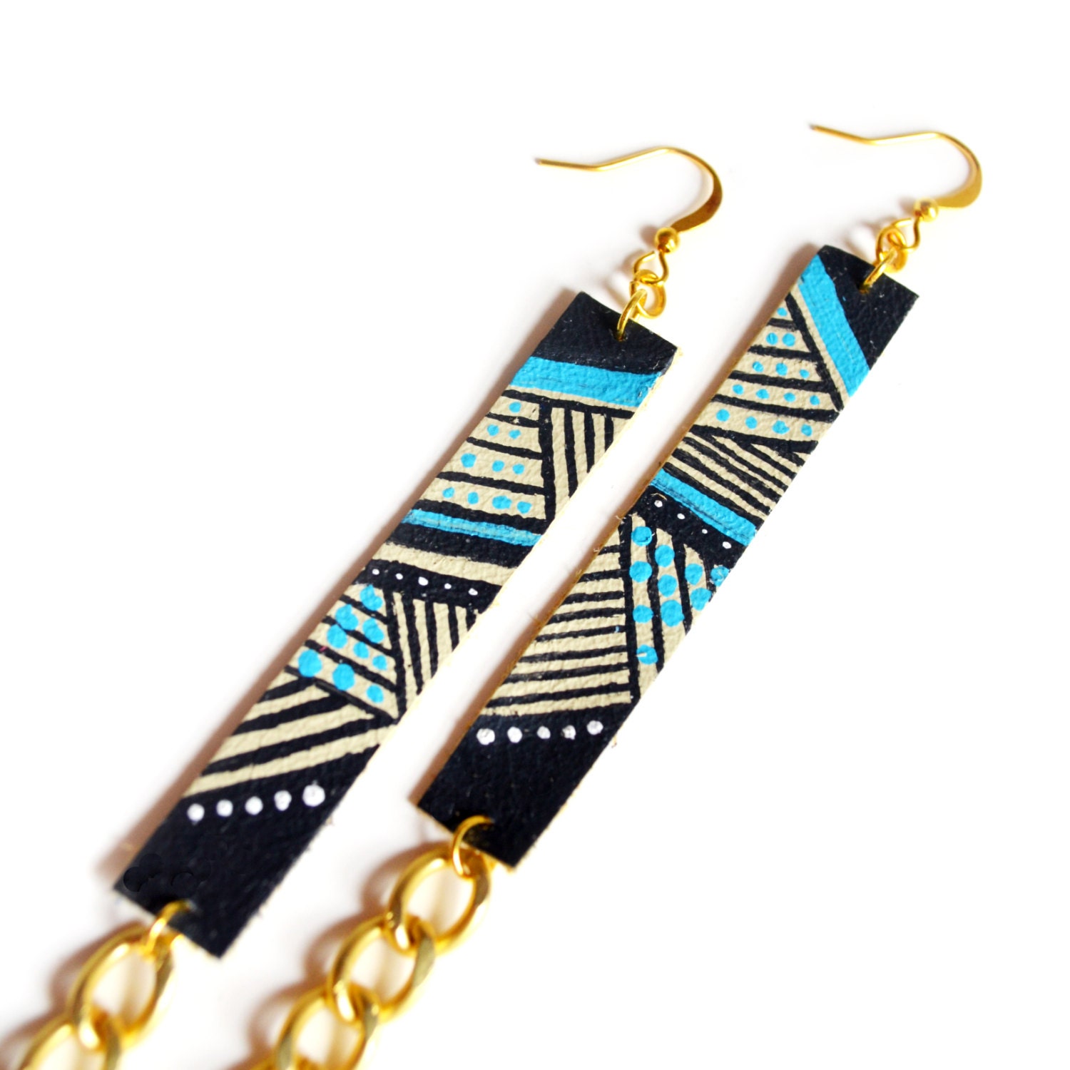 Tribal Leather Earrings, Hand Painted Stripes and Dots, Long Chain Earrings, Geometric Jewelry