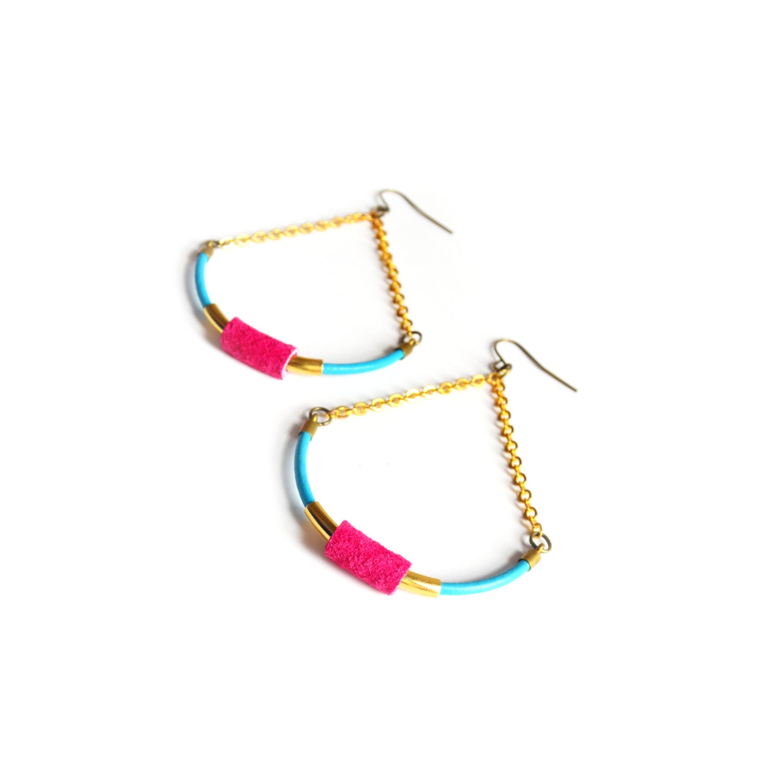 Brass Tube Leather Earrings, Tribal Half Moon Dangle Chain, Geometric Jewelry