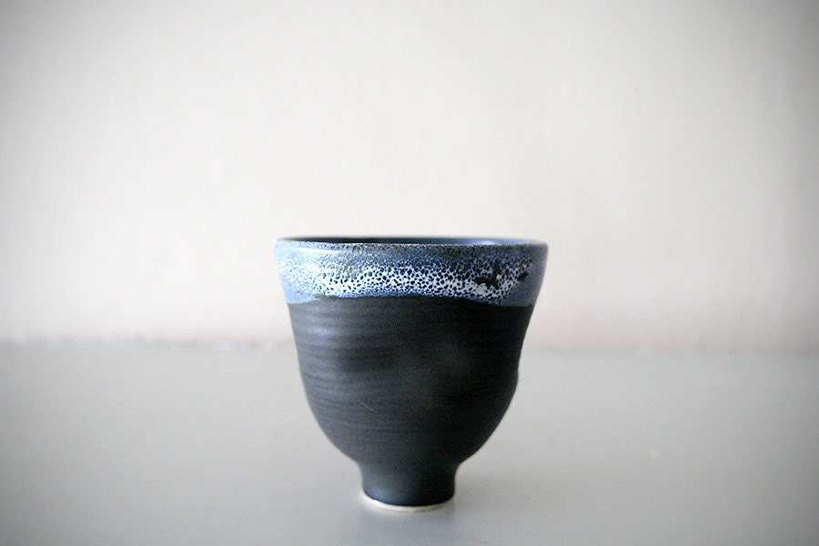 Small Stoneware Cup with Ocean Landscape Design and Four Indentations / Wheel Thrown / Hand Altered / "CHUBARI"
