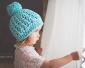 Crochet Girls Hats, Robin Egg Blue Hat for Toddlers, Pom Pom Beanie Hat for Girls, Cotton, 2T to 4T