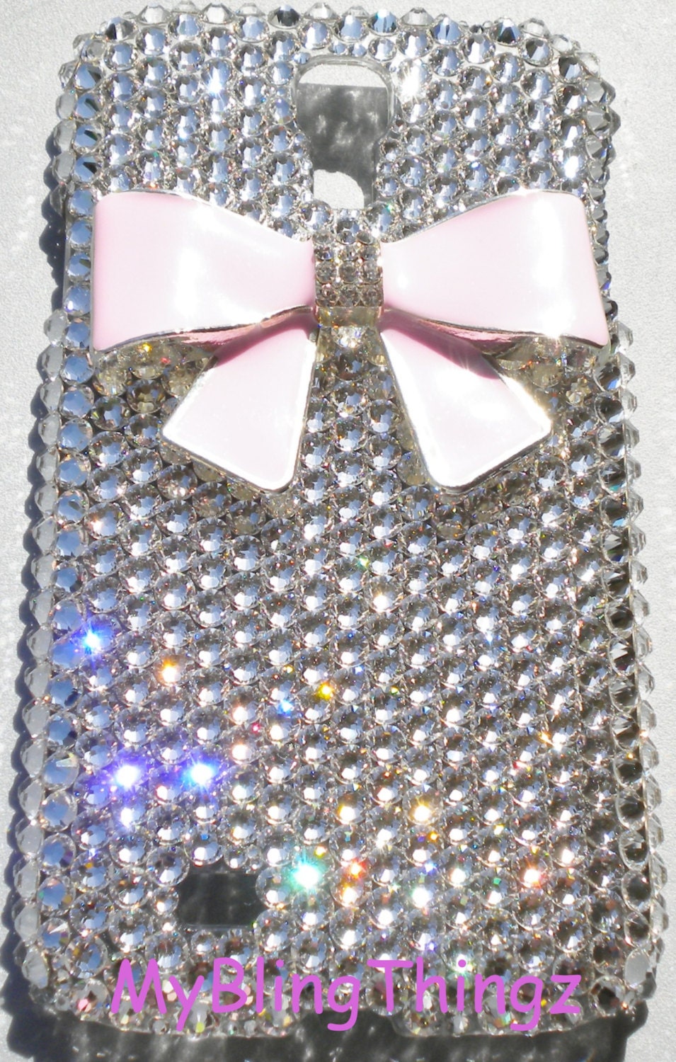 Cute Pink Bling Bow on Luxury Clear Crystal Diamond Rhinestone Back Case for Samsung Galaxy S4 IV handmade using 100% Swarovski Elements
