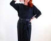 CLEARANCE--80s Does 40s Black Silk Beaded Party Dress. Cocktail Dress. Bow. Glam. Hollywood. Spring Fashion. Size Large