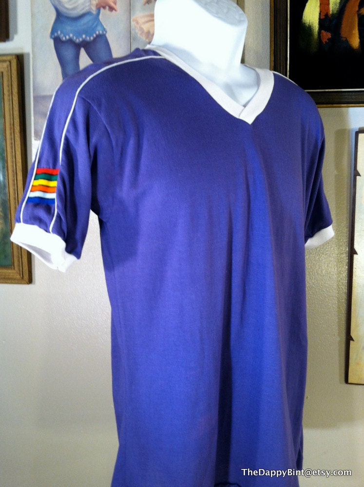 True Purple Ringer Tee with Rainbow Sleeve Accent - 80s - Good Shape - Minor Piling
