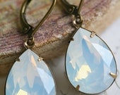 White Opal Swarovski Crystal Earrings, Moonstone, Tear Drop, Estate Style