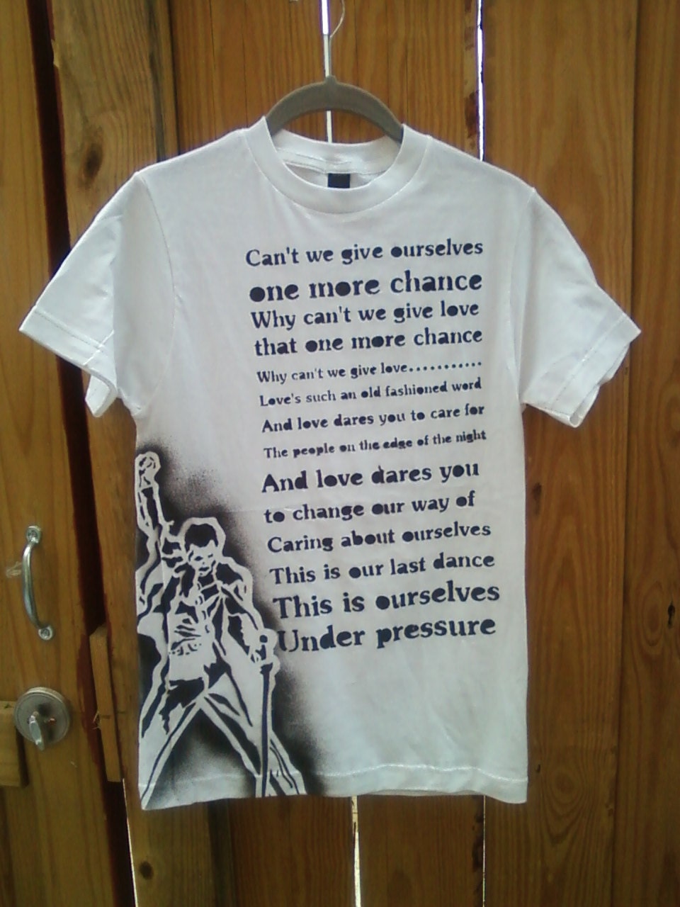 80s music t-shirts David Bowie Freddie Mercury Queen Under Pressure stencil and spray paint by Rainbow Alternative on Etsy