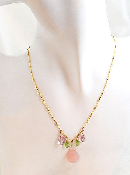Peridot, Pink Quartz, Pink Chalcedony, necklace