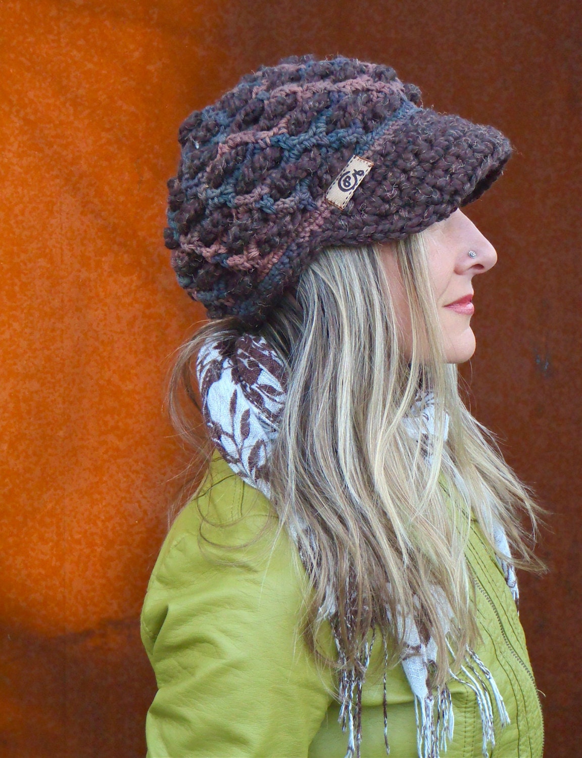 Mother EARTH Brown SLOUCHY beanie crochet Slouch Visor hat cap NEWSBOY hat Bohemian hat Hippie Beanie with brim