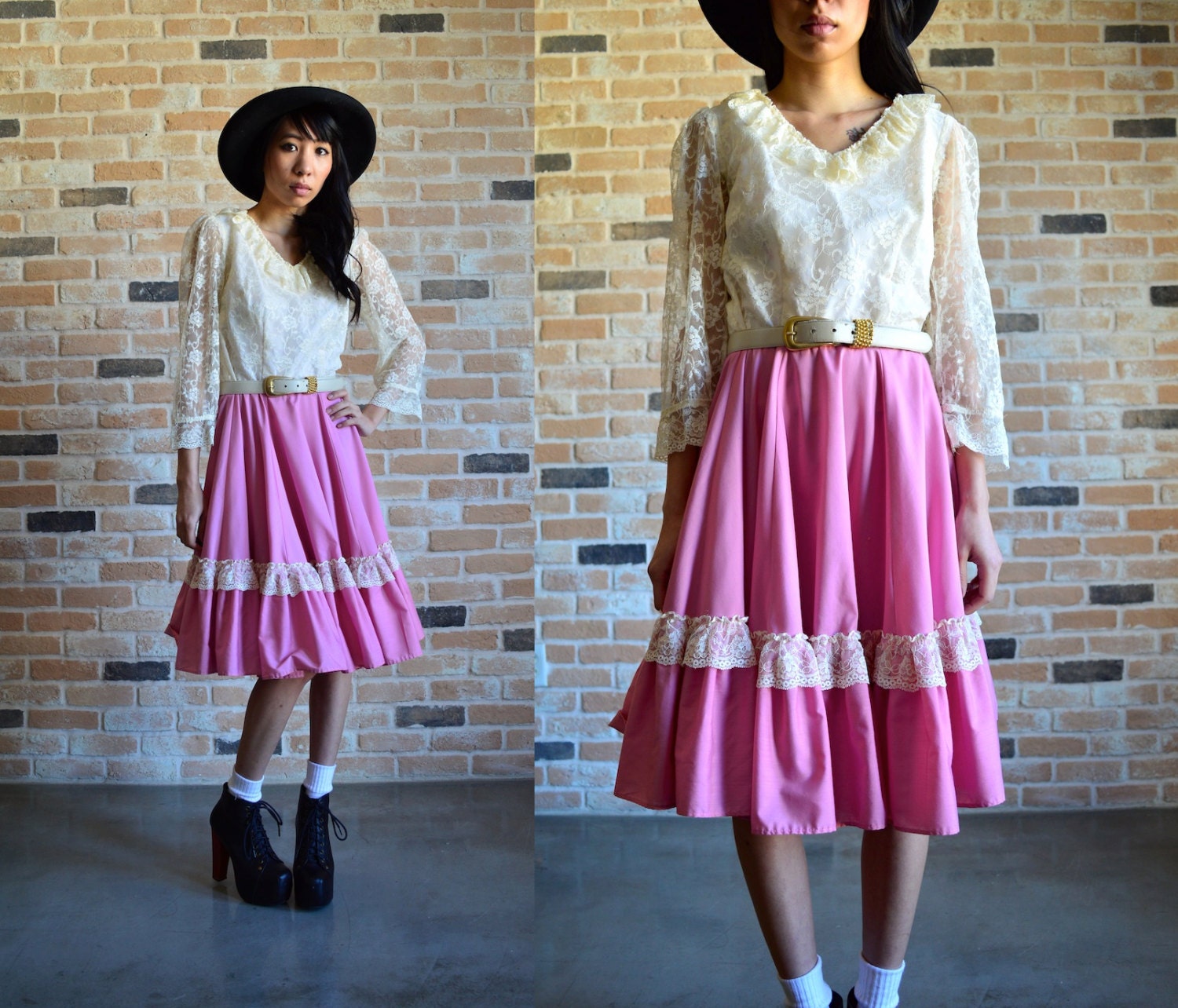 70s prairie dress - full skirt - pretty in pink - chantilly lace - small S medium M