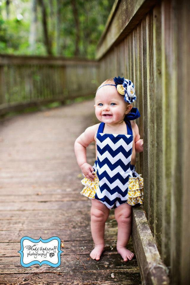 Mustard be the Navy- white and navy blue chevron print and mustard ruffle and rosette headband