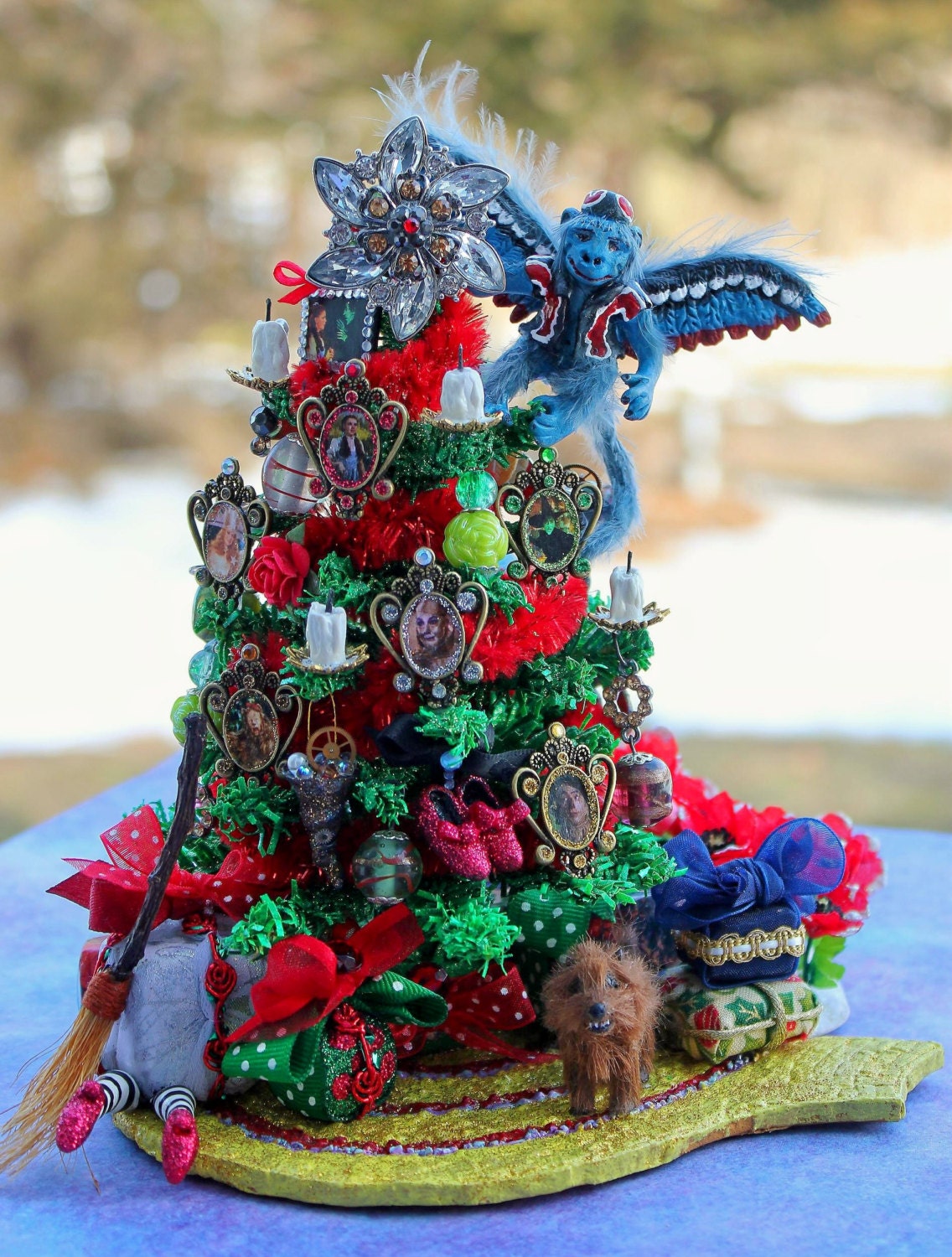 OOAK Dollhouse Miniature Wizard of Oz themed Christmas Tree by Tara with Flying Monkey, Squished Witch, and Toto Dog LAYAWAY AVAILABLE